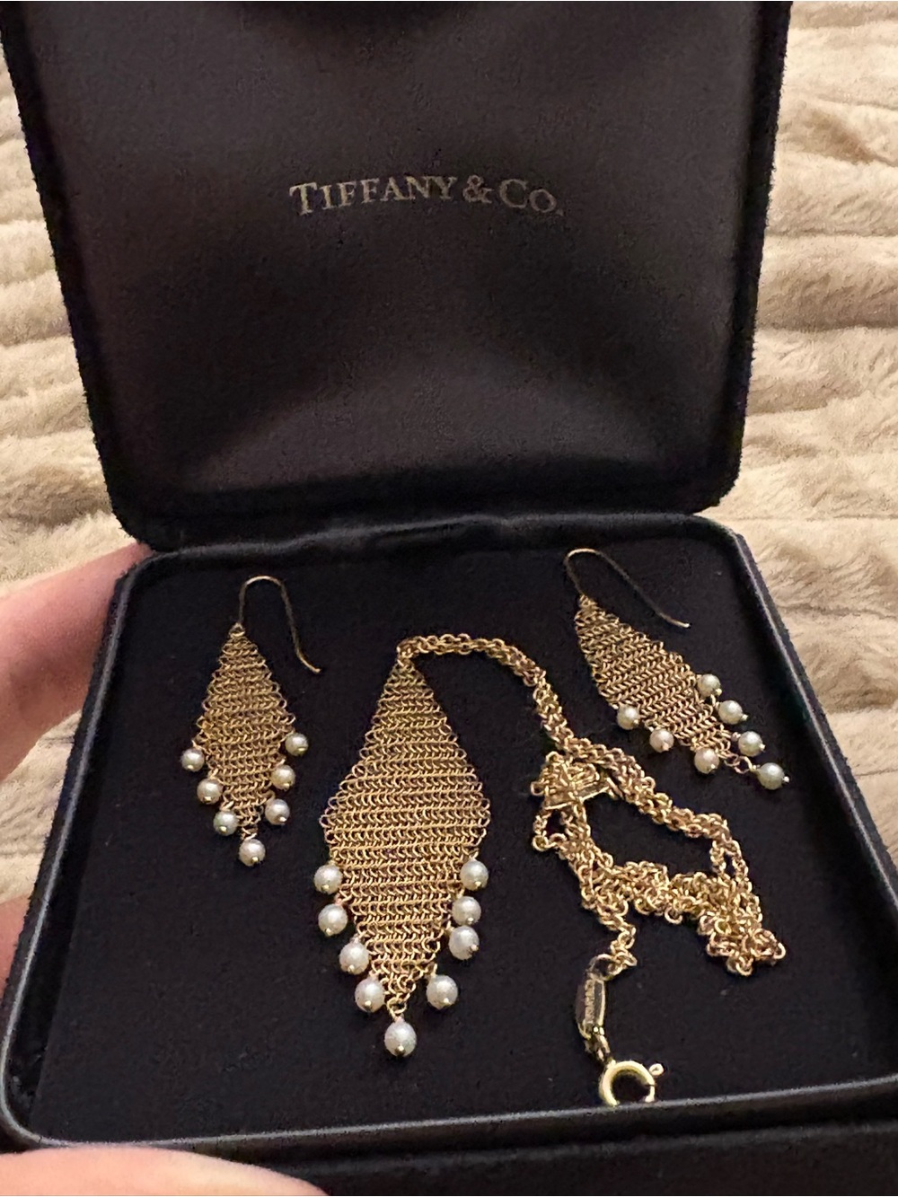 Tiffany & Co. 18K Gold and Pearl Mesh Earrings and Pendant Set